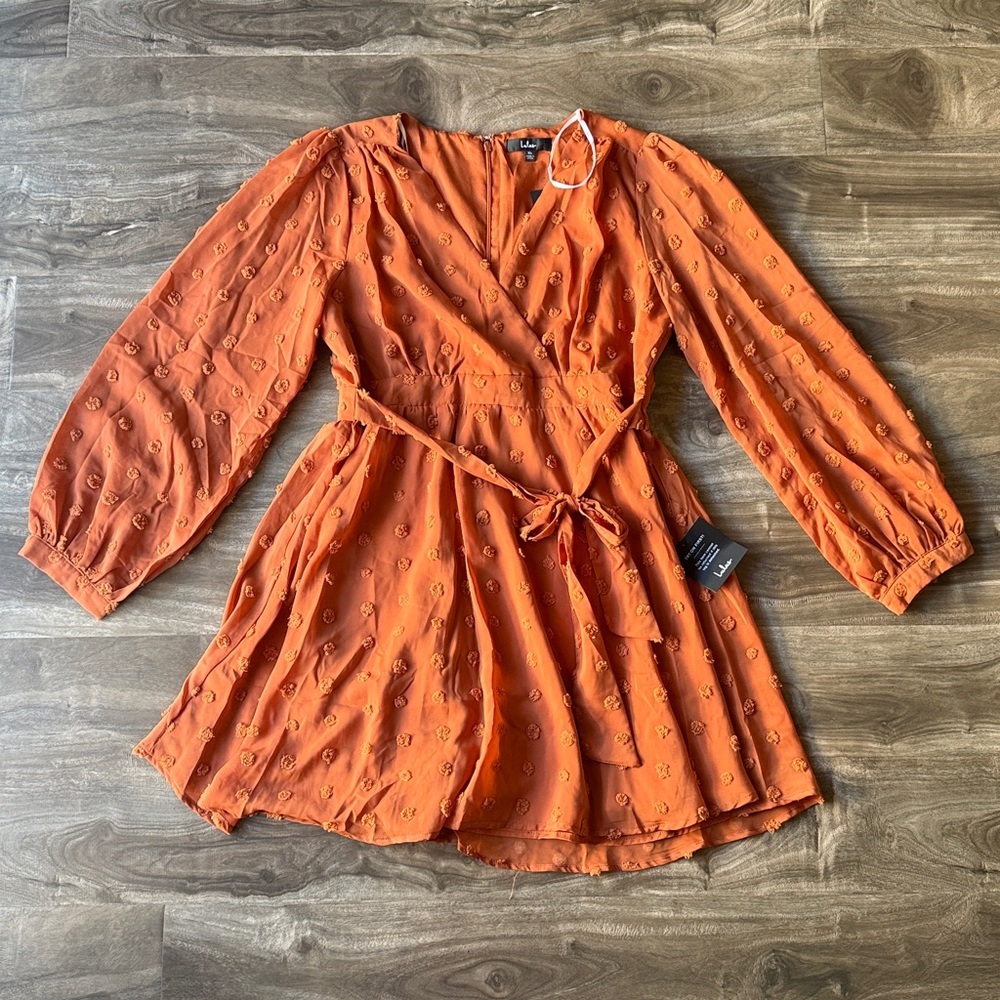 Lulus Always on Repeat Rust Orange Clip Dot Long Sleeve Mini Dress XL NWT - Picture 6 of 9
